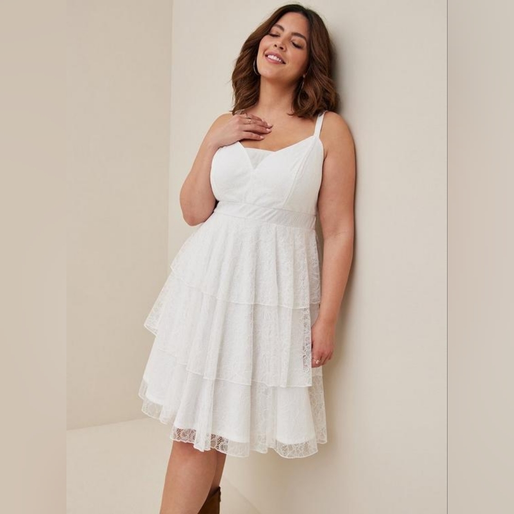 Torrid Mini Stretch Lace V Neck Tiered Flare Dress